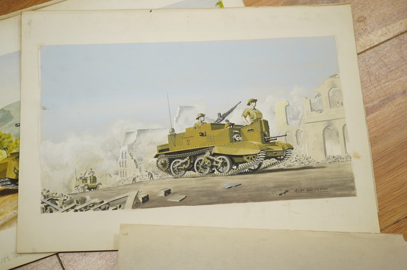 Alan Anderson, set of eight original WWII watercolours for postcard designs, Military vehicles to include ‘Cromwell Tank’, Matilda Infantry Tank’, ‘Churchill Heavy Infantry Tank’ and ‘Crusader Tank’, each with original c
